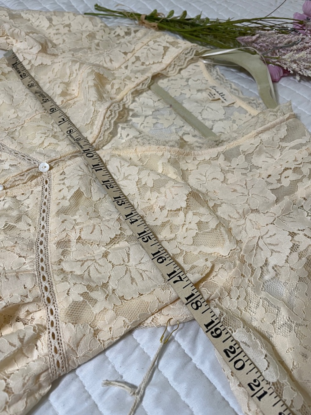 Lace Peplum Button-Front Blouse in Cream - Picture 9 of 10